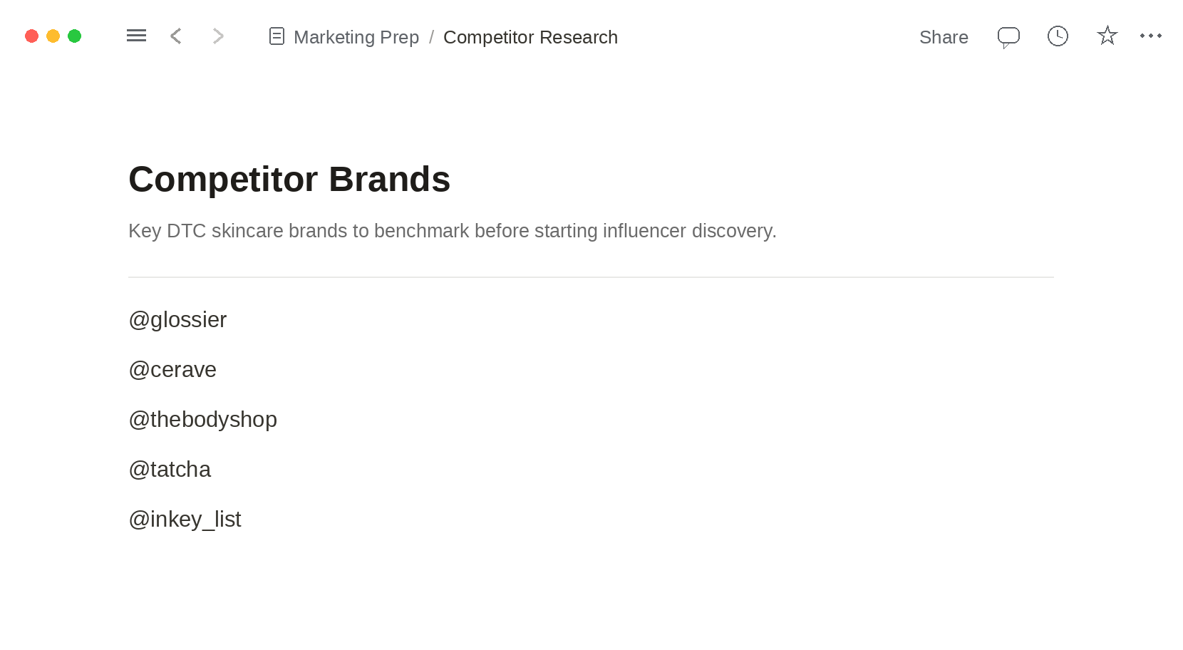 A short list of competitor brand handles noted down before starting the search