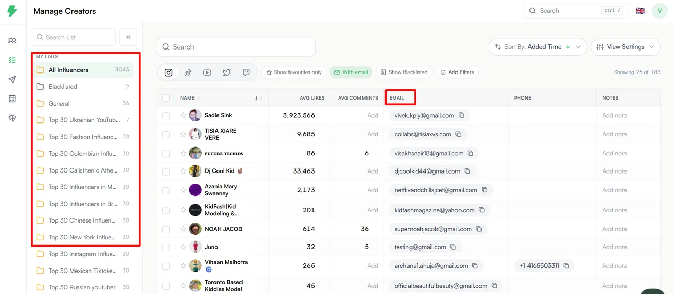 Build a list in Impulze and save creators into it, each with their contact details