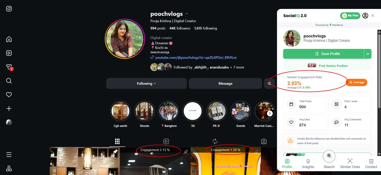 SocialiQ extension showing engagement rate, per-post engagement, and a profile snapshot on a creator's page