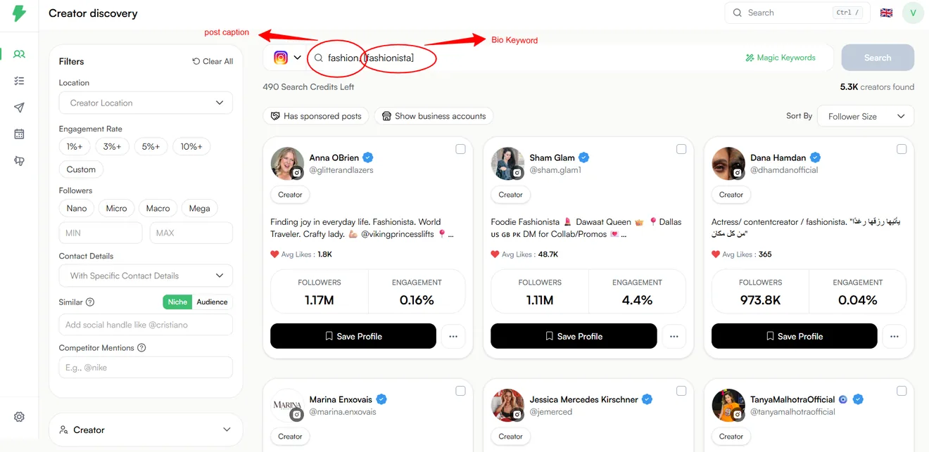 Search bio and caption keywords, then filter down to the close matches