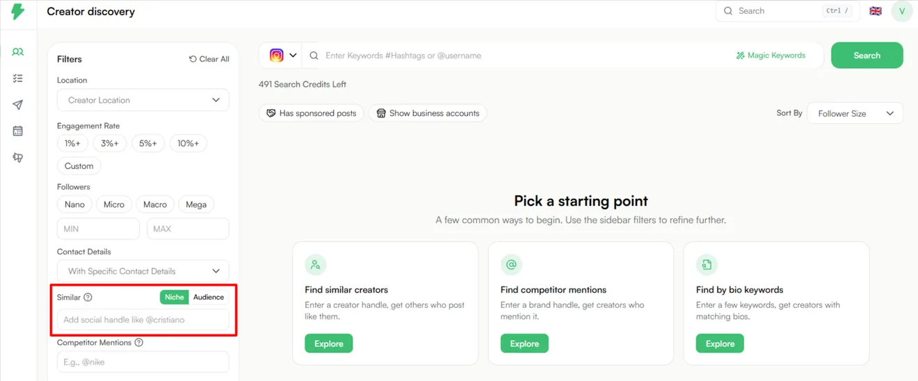 Pick a creator who fits, pull similar profiles, then narrow them with filters