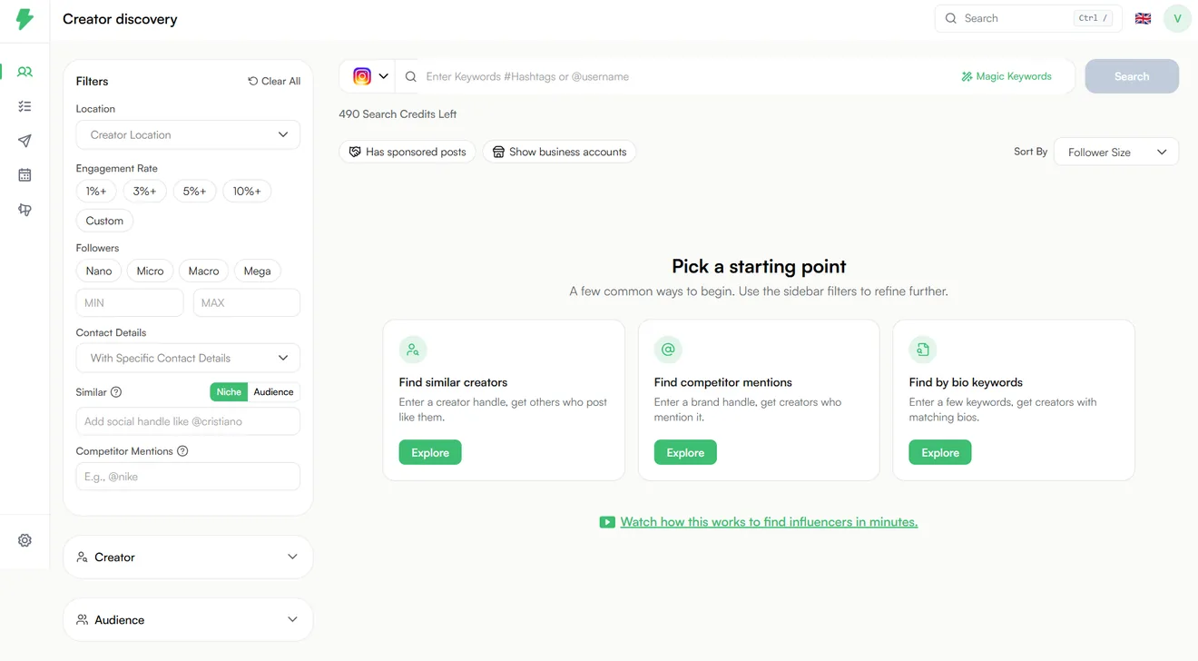 Impulze's discovery screen with filters on the left and quick starting points for each kind of search